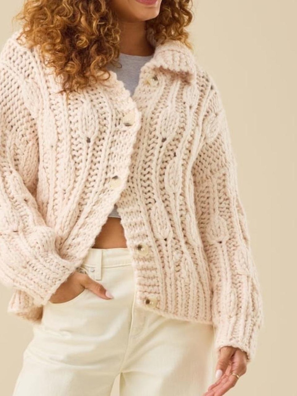 Altar’d State Jacqueline Chunky Knit Cardigan Sweater Blush Pale Pink M/L NEW